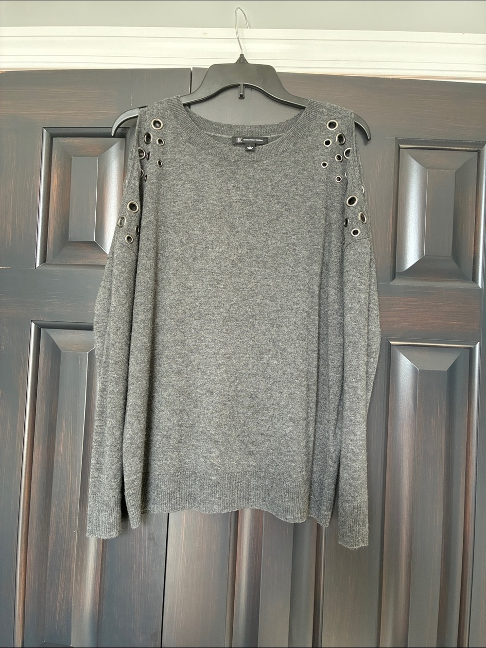 INC International Concepts Charcoal Grey Crewneck Sweater with Grommet Detail